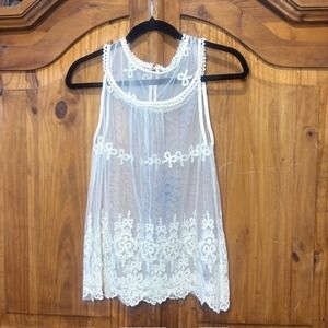 Monteau Los Angeles Sheer Lace Tank Top Medium White Boho Embroidered Sleeveless
